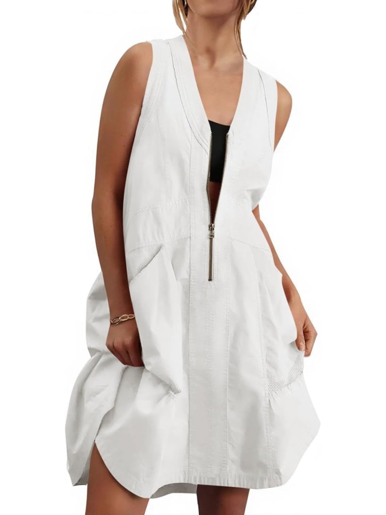 Sleeveless Half Zip V Neck Mini Dress With Mesh Back | Casual Summer Dress